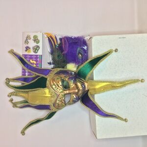 Mardi Gras Jester Mask + Feather Mask Set Purple Green Gold